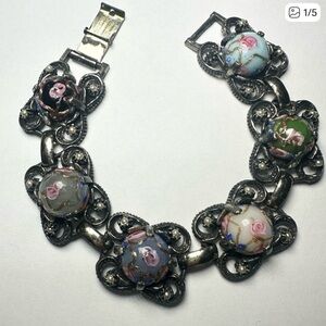 Antique 1920s Czech 800 Silver  Wedding Cake Glass Bracelet Genuine Seed Pearls